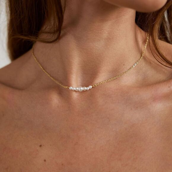 Dainty Pearl Necklace 14K Gold Plated Layered Pearl Pendant Wedding Pearl Gift - Picture 1 of 8